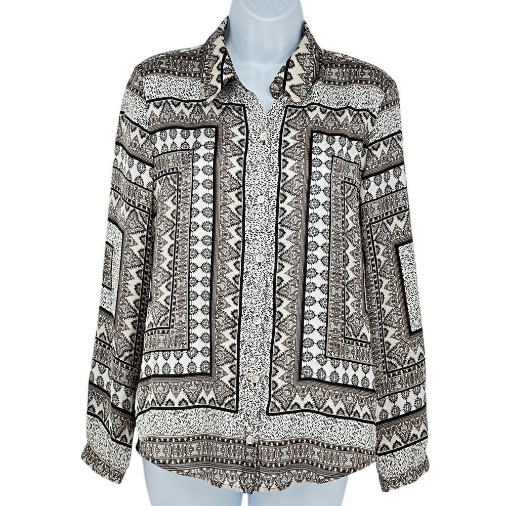 Chico's Black White Geometric Print Button Down Shirt‎ Blouse Size S